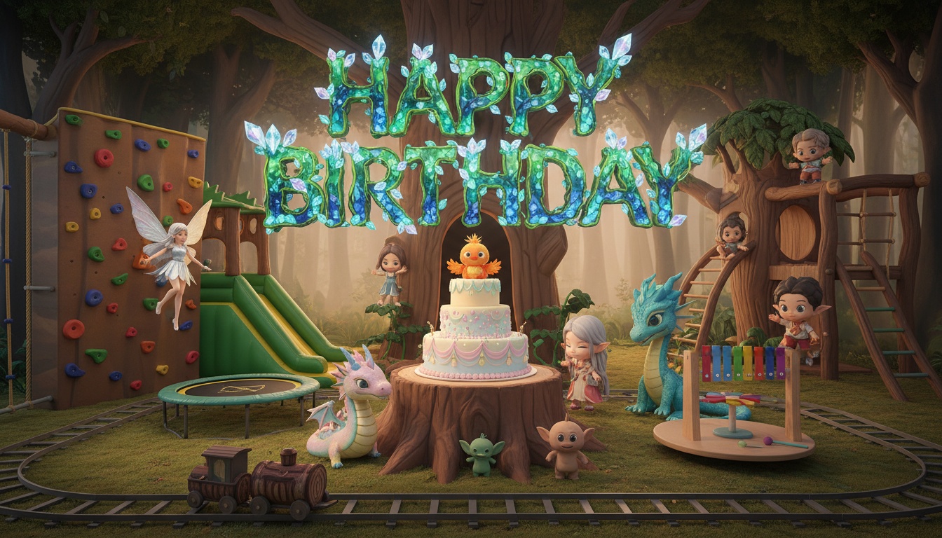 Kids Fantasy Birthday Party Background with Indoor Train Mini Trampoline Rope Ladder and Baby Troll Mascots for Family Photography Setup