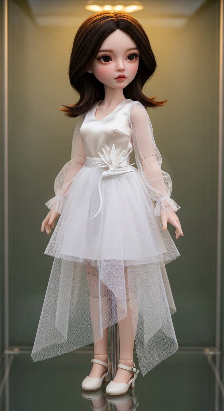 Soft white layered gauze catching warm cabinet light, a gentlewoman chibi figure standing against muted sage backdrop in a modern living room display