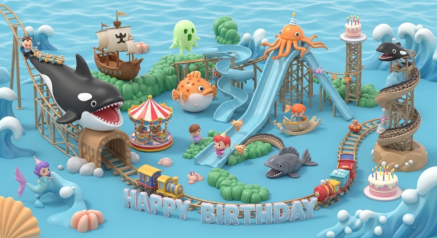 Spring ocean fantasy amusement park birthday backdrop showing kids celebrating inside an orca mouth roller coaster with mermaids viking ship rides and playful cartoon attractions designed for family photo ideas and photography background