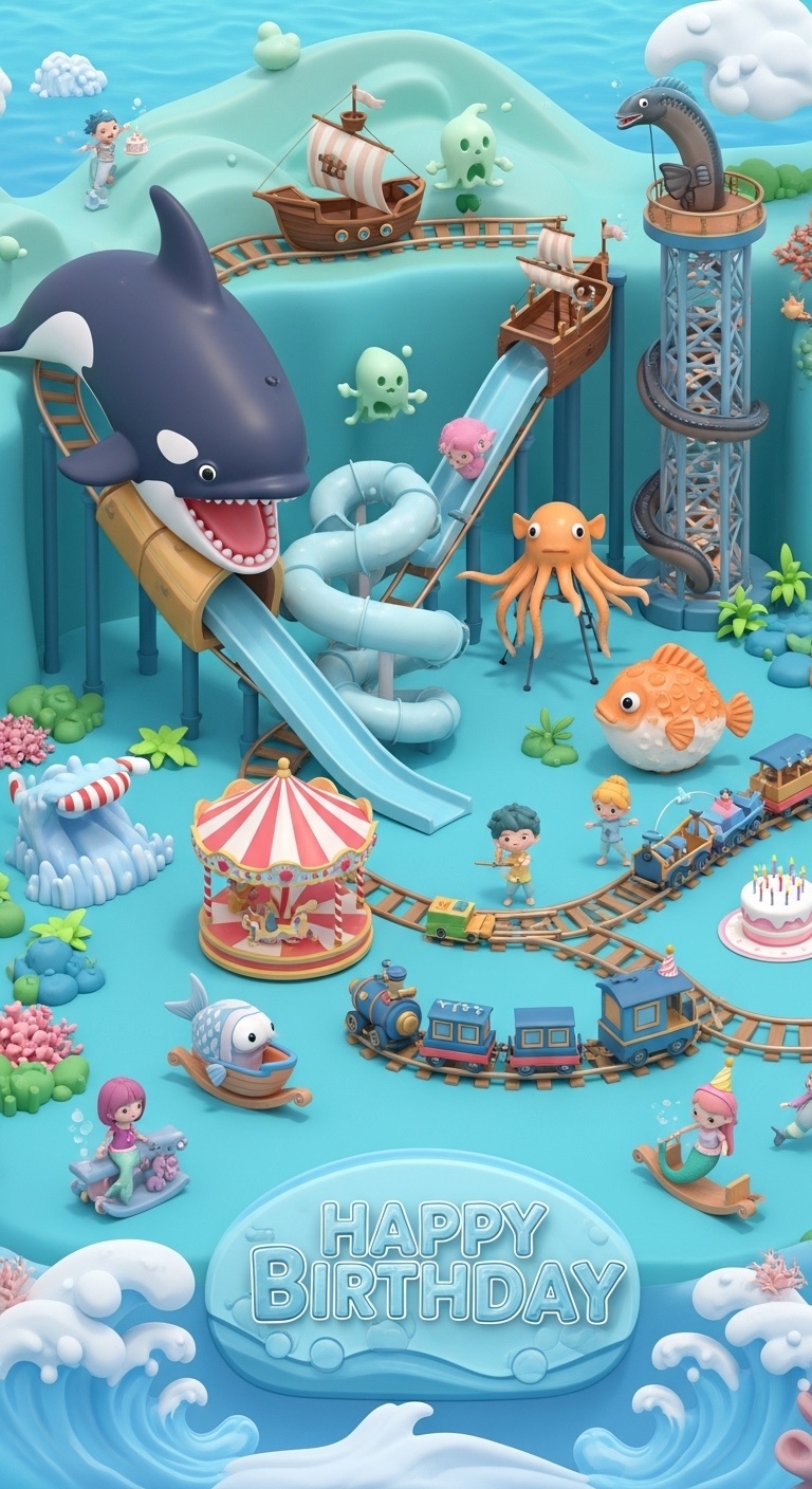 Spring ocean kids birthday photo wall design with orca mouth entrance roller coaster eel drop tower shooting game mermaids and whimsical amusement park fantasy background
