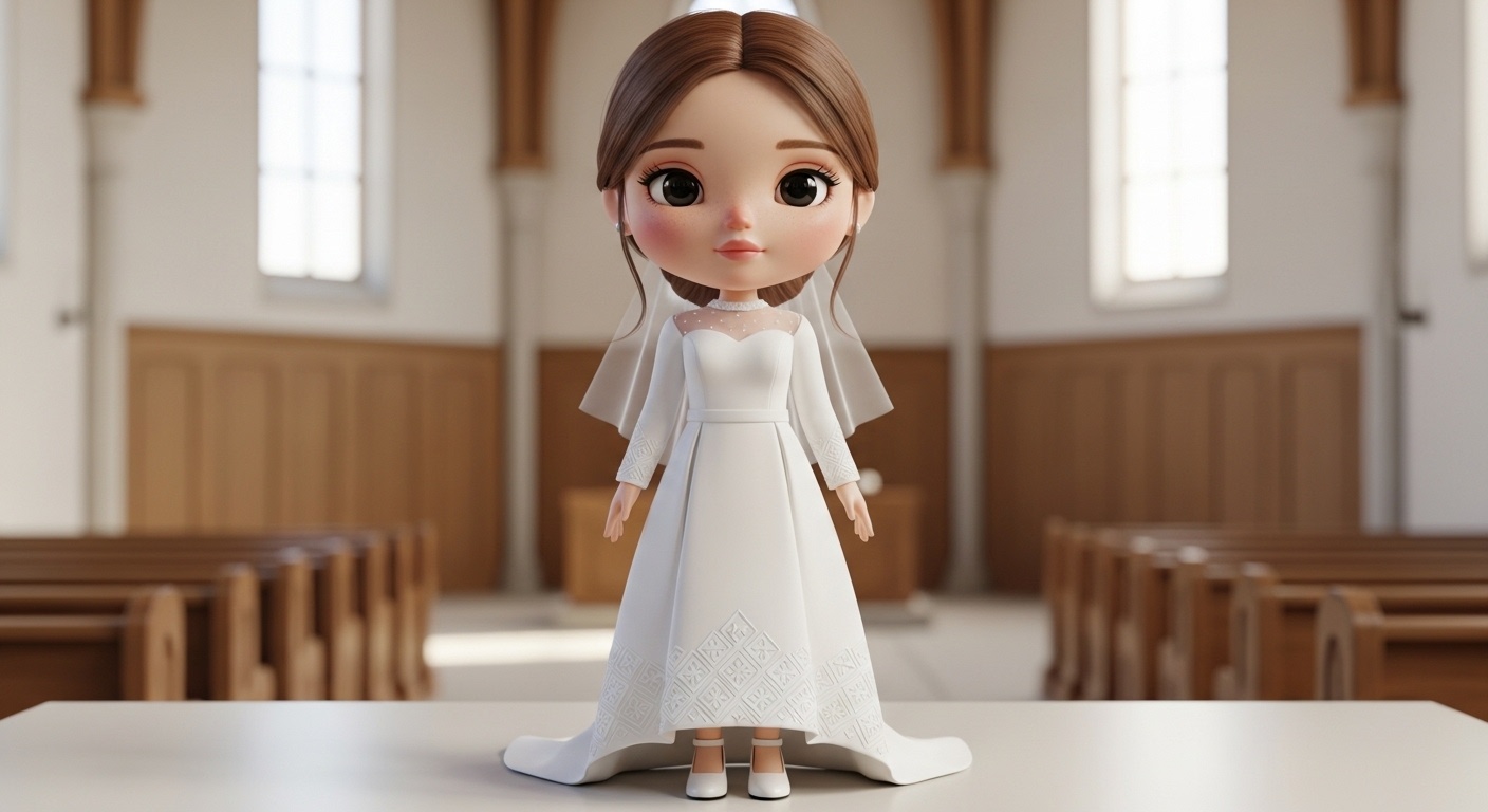 Structured column gown photographed in modern church aisle with symmetrical pews
