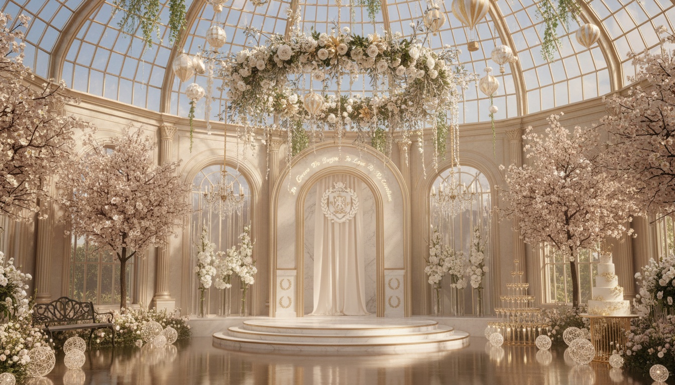 Symmetrical indoor garden wedding banner with cathedral-style glass arch, floating hot-air balloon installations, and crystal chandelier light for editorial bridal photography inspiration