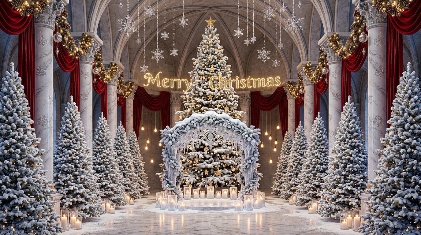 Symmetrical snowy fir trees with warm bulbs lining a winter castle wedding aisle