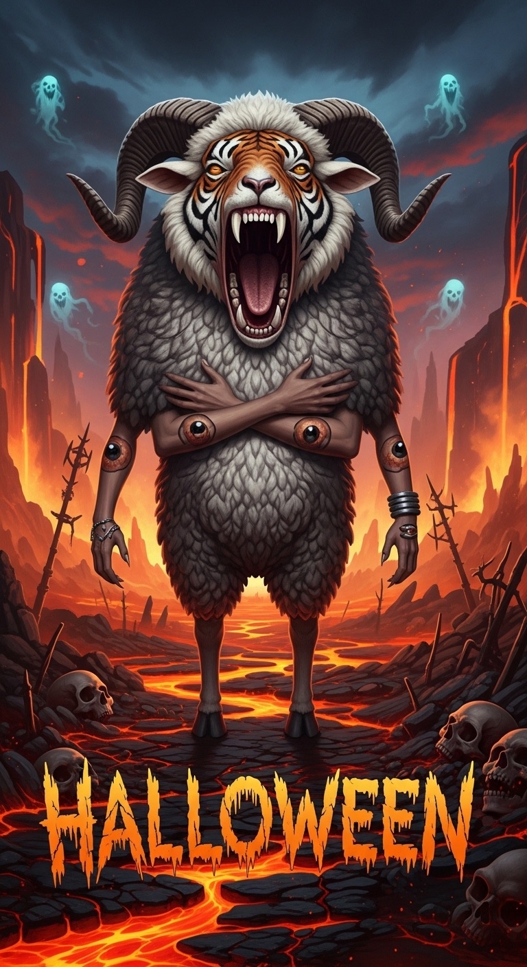 Taotie-inspired horror backdrop with massive devouring mouth and infernal landscape