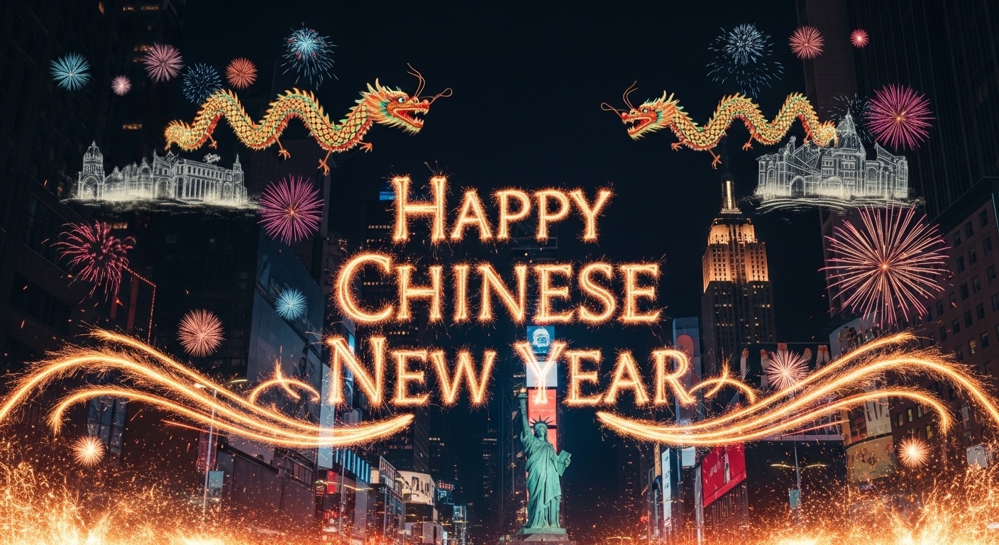 Times Square Chinese New Year photo backdrop with fireworks text and first-person perspective