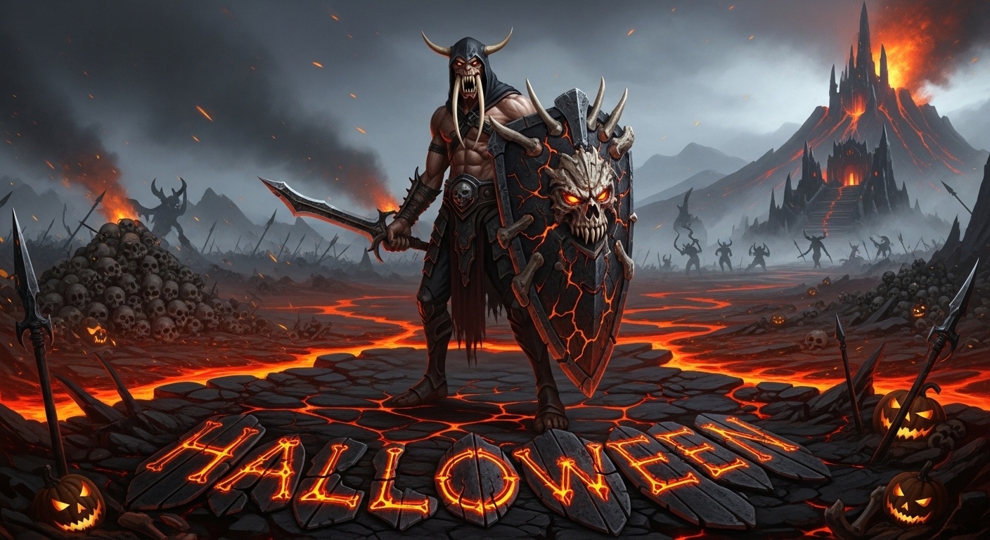 Wide Halloween hell battlefield backdrop featuring Zaochi humanoid with long fangs and massive bone-metal shield