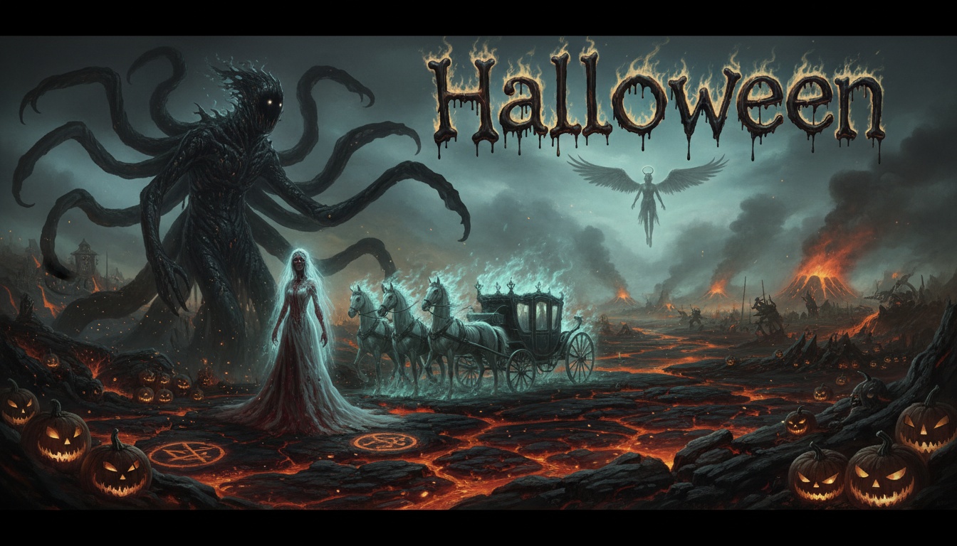 Wide-angle infernal ceremony backdrop designed for dark fantasy wedding photography with layered lava fields and spectral firelight