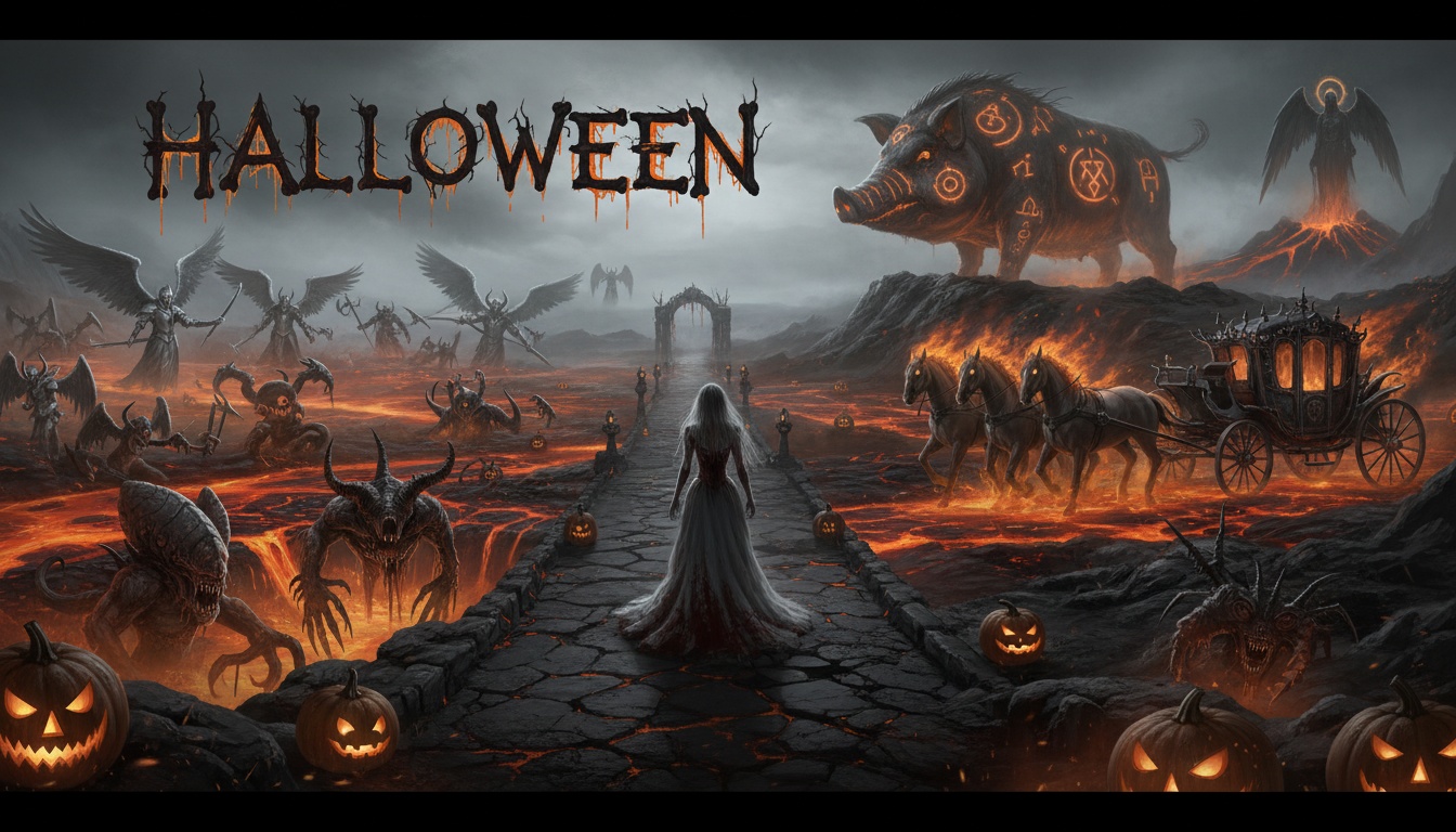 Zhi-Pig in the Infernal Aisle – Panoramic Halloween Wedding Backdrop Ideas for Dark Ceremony Designers and Alternative Couples