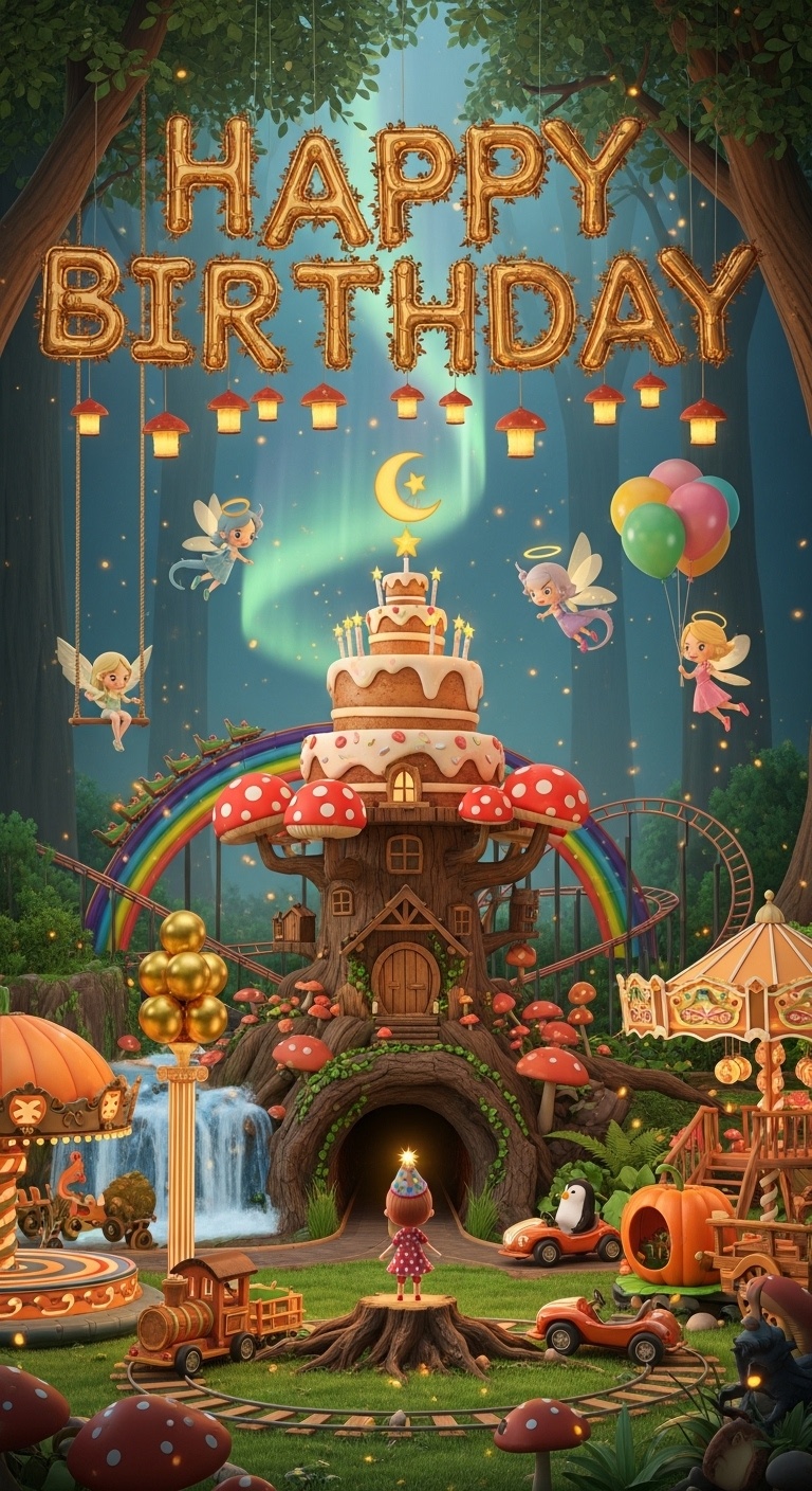 birthday throne in enchanted forest amusement park with glowing age balloons treehouse cake tower and fairy dragon sky halo