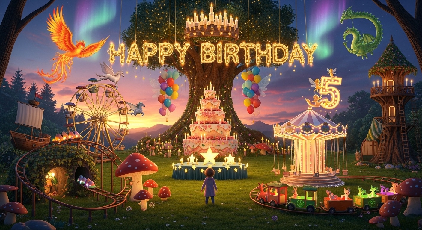 birthday throne under glowing tree crown castle with floating led number and starlight floral cake stage forest carnival scene