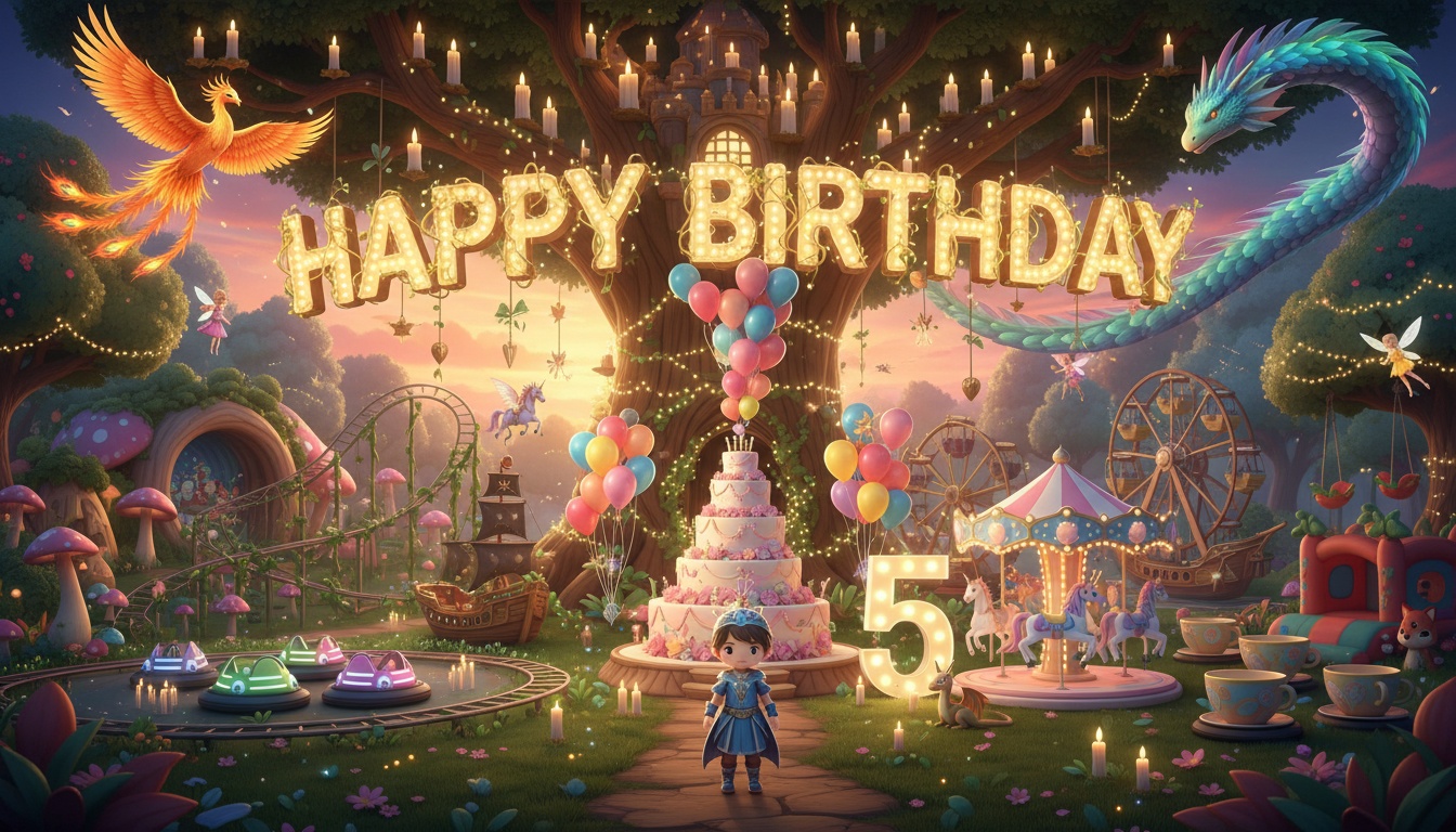 enchanted woodland kids party backdrop with unicorn carousel go kart vines and rainbow balloon waterfall photo booth setup