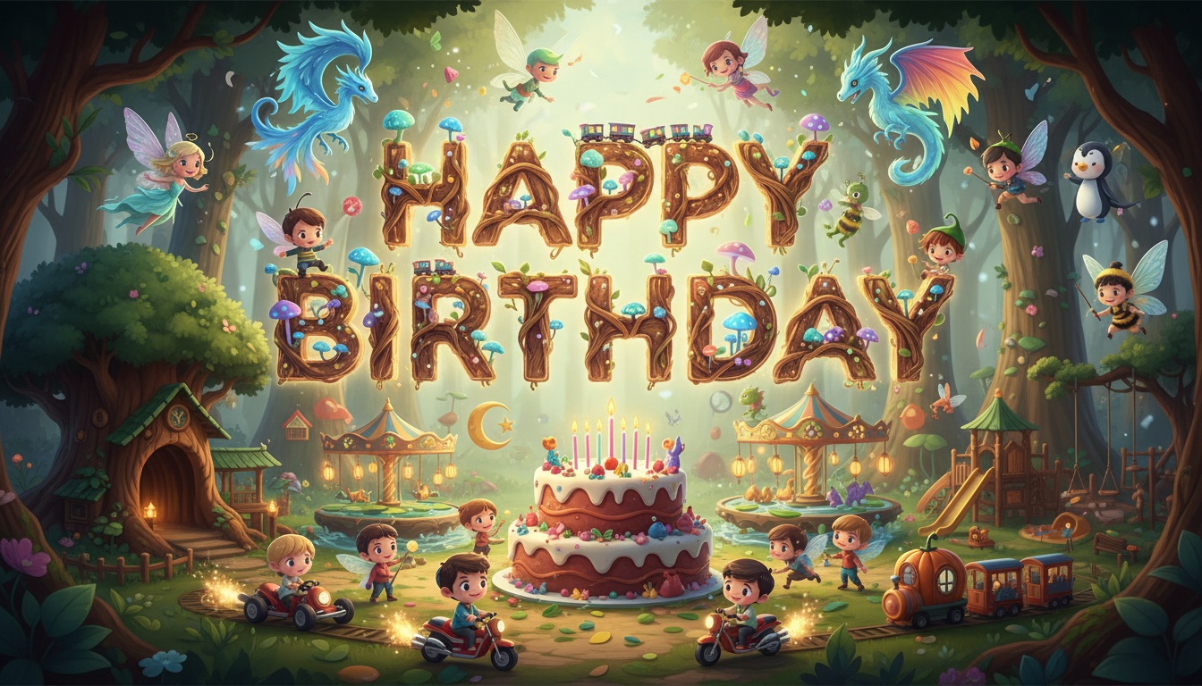 first person kids celebration in mythical forest amusement park with go karts dinosaur ride and moon fairy above birthday cake