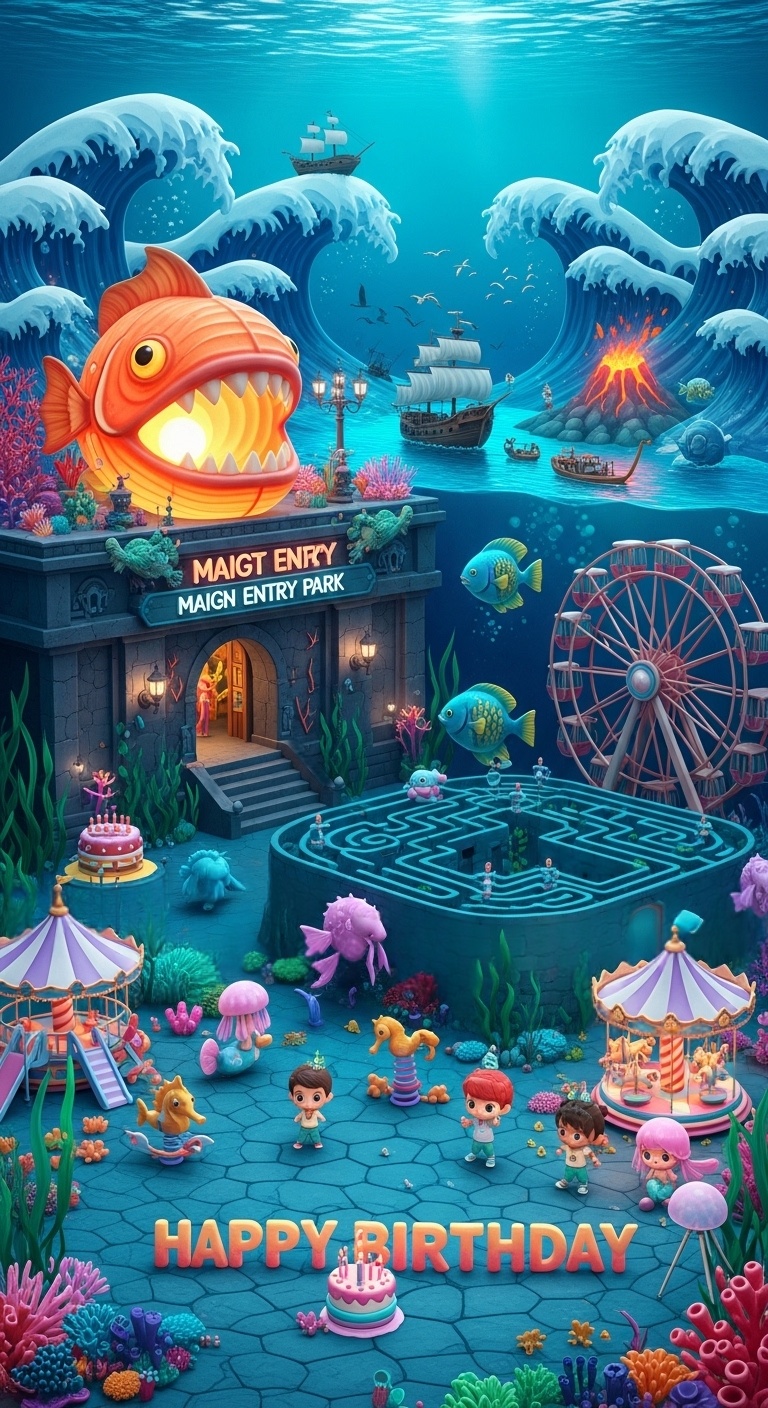 ids birthday photo backdrop inspired by abyssal wonderland with sunken treasure ship tilefish ferris wheel flying fish carousel and glowing ocean scenery