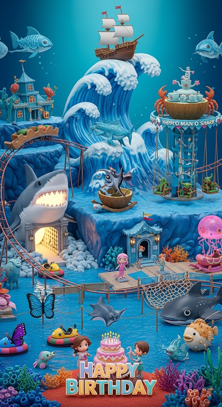 kids birthday fantasy illustration showing an ocean theme amusement park with bumper cars go karts rope net course and carousel rides as a photo background