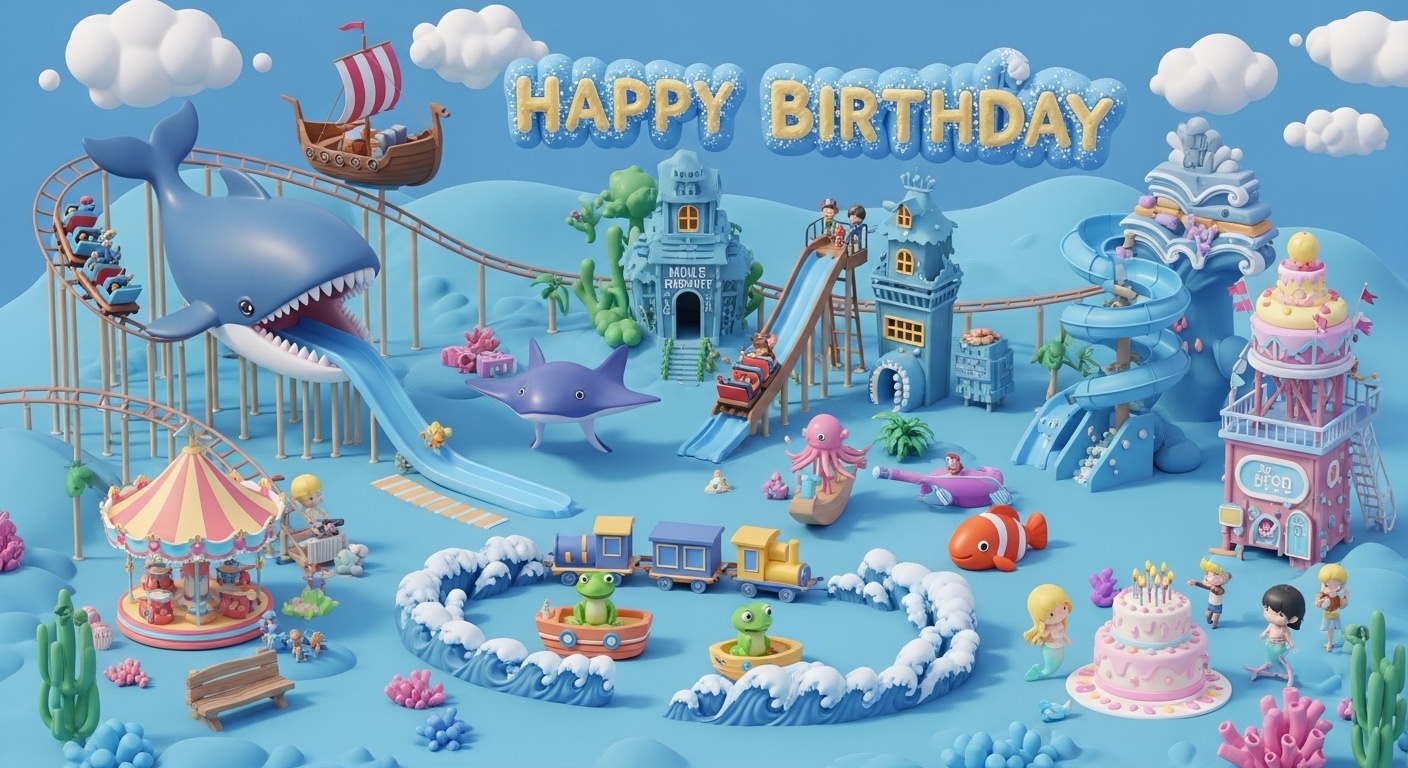 kids birthday fantasy illustration showing ocean themed amusement park with viking ship water slide manta ray carousel and playful rides