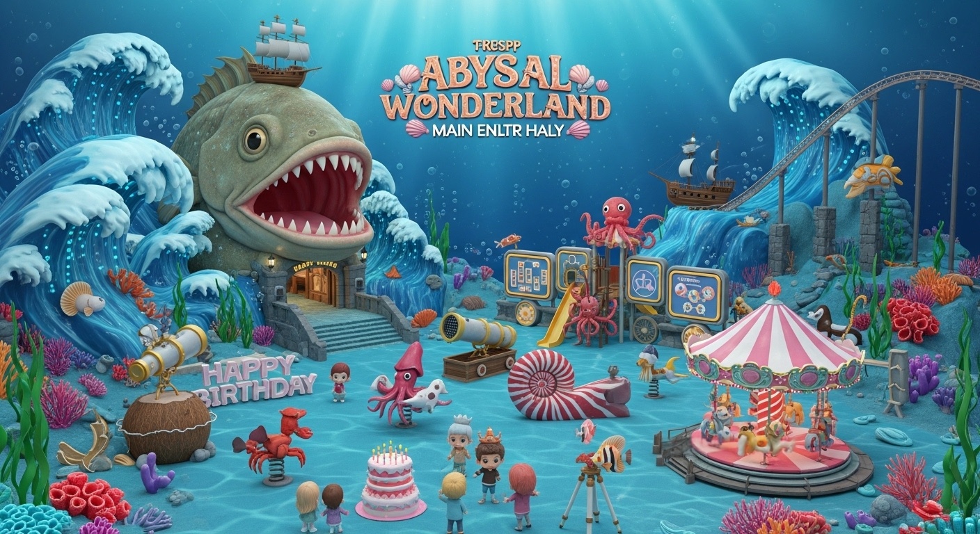 kids birthday photo backdrop with flying fish carousel nautilus merry go round and deep sea fantasy playground illustration