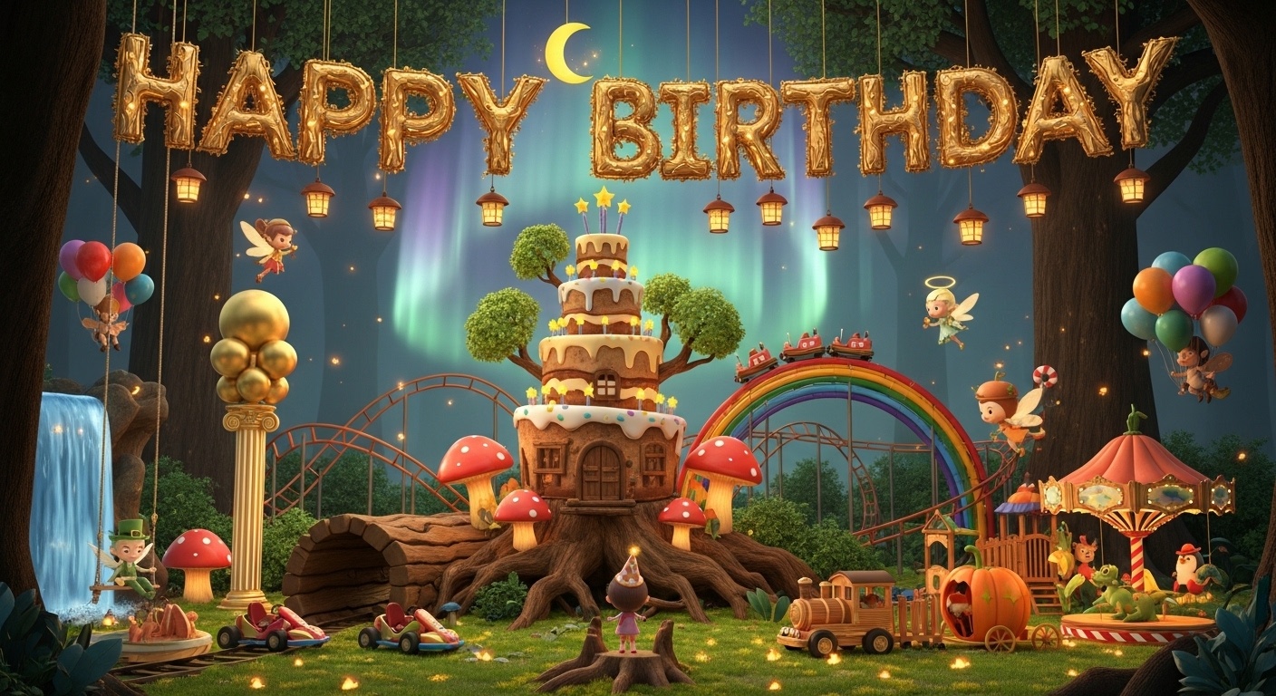 luxury children birthday portrait setup with ice phoenix fountain moon fairy cake lighthouse and giant gift box mountain