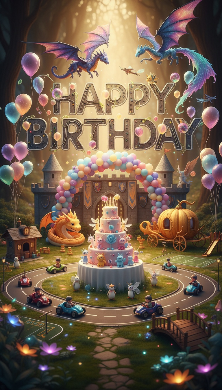 mythical forest sports court birthday scene with griffin centaur and glowing cake table