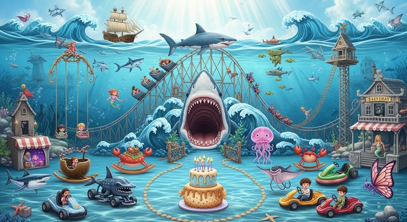 ocean fantasy kids birthday backdrop with mermaids goblin shark swing seats and joyful underwater amusement park scenes