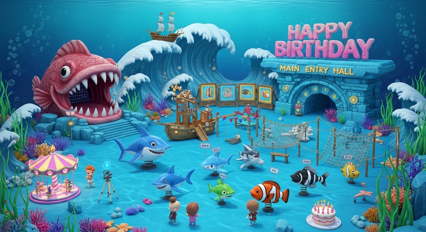 ocean themed kids birthday background for home celebration with mermaid abyssal wonderland and tripod fish birthday cake