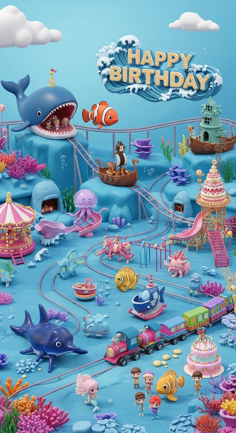 spring ocean fantasy amusement park birthday backdrop with kids celebrating inside a whale roller coaster and mermaid world for family party background ideas
