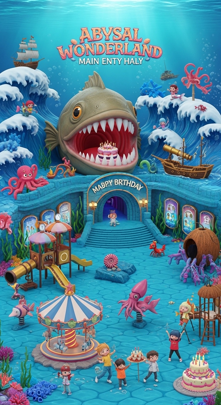 spring ocean fantasy kids birthday illustration featuring musical playground panels sound play equipment and glowing underwater scenery