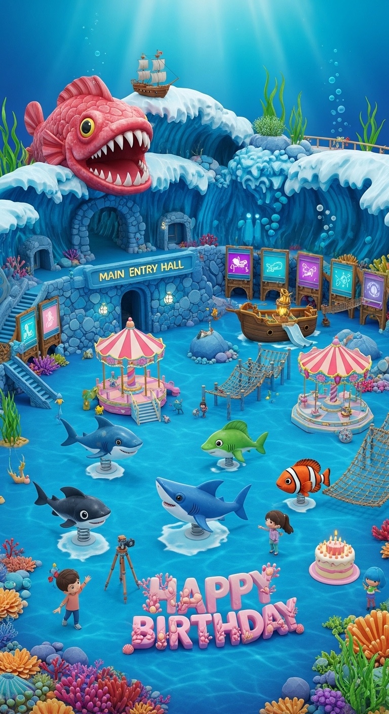 spring ocean fantasy kids birthday scene featuring musical playground panels sound play equipment and glowing underwater scenery