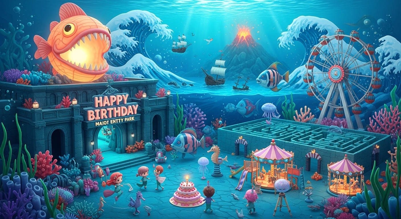 spring ocean theme kids birthday fantasy amusement park backdrop with abyssal wonderland lanternfish siren entrance mermaid rides and children celebrating birthday