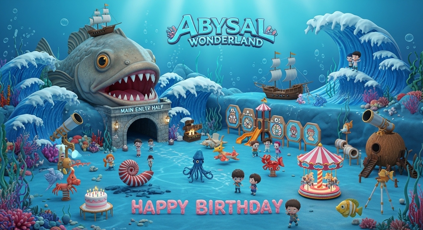 underwater fairy tale birthday background showing giant waves pirate ship abyssal wonderland rides and kids enjoying a fantasy amusement park