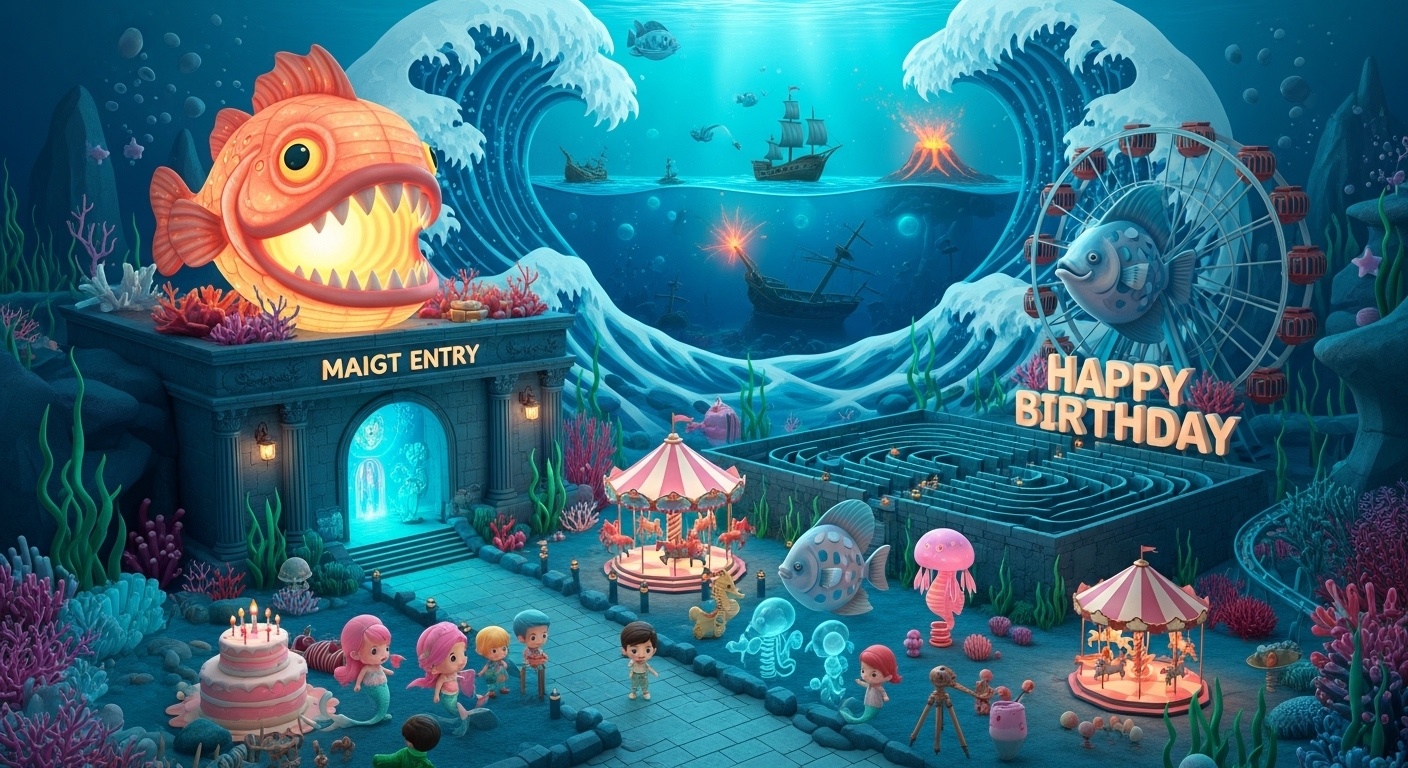underwater fairy tale birthday background showing giant waves pirate ship bioluminescent bay and kids enjoying a fantasy ocean amusement park