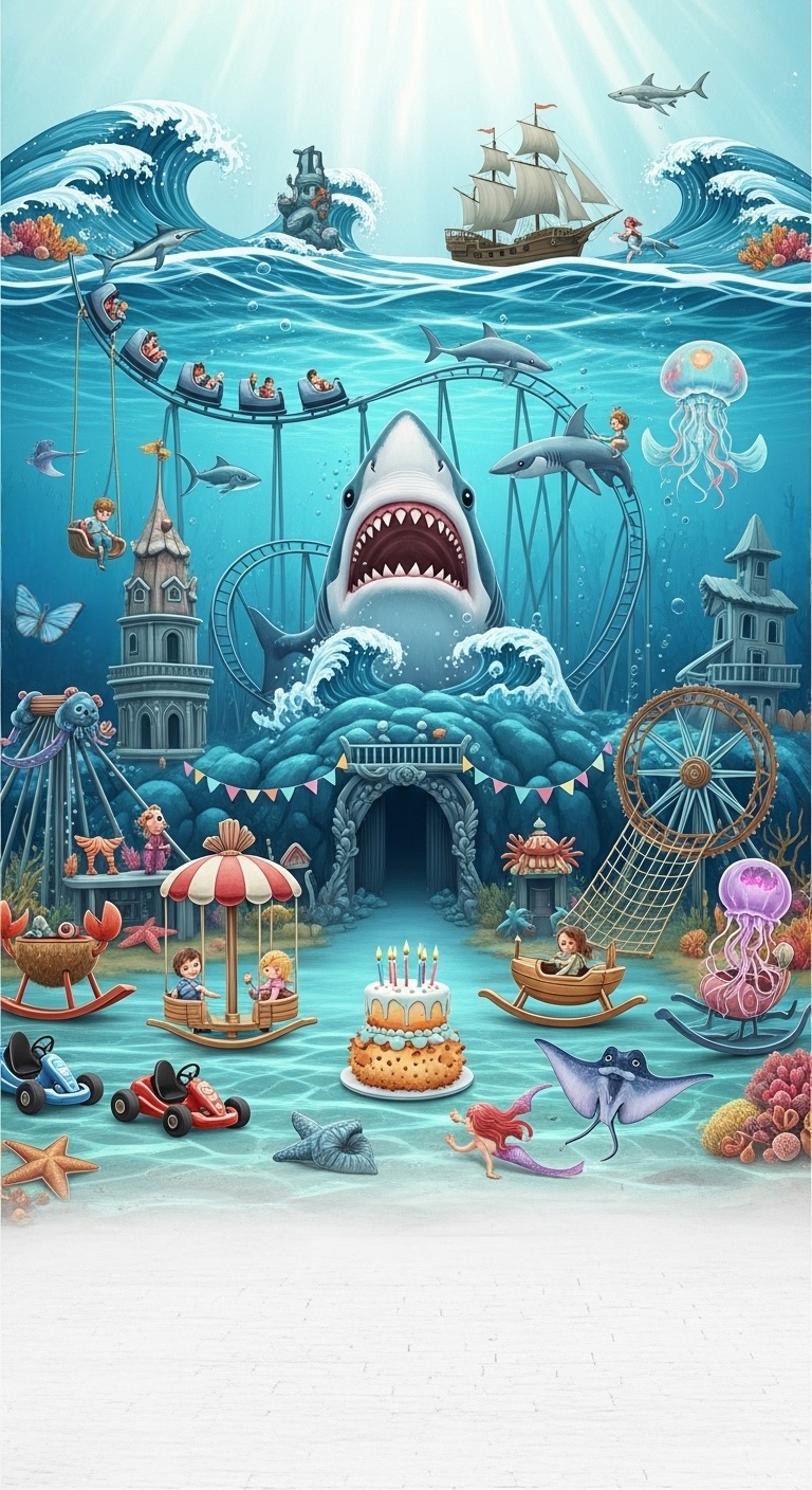 underwater fairyland birthday background featuring a shark roller coaster haunted house and playful ocean attractions designed for kids celebrations