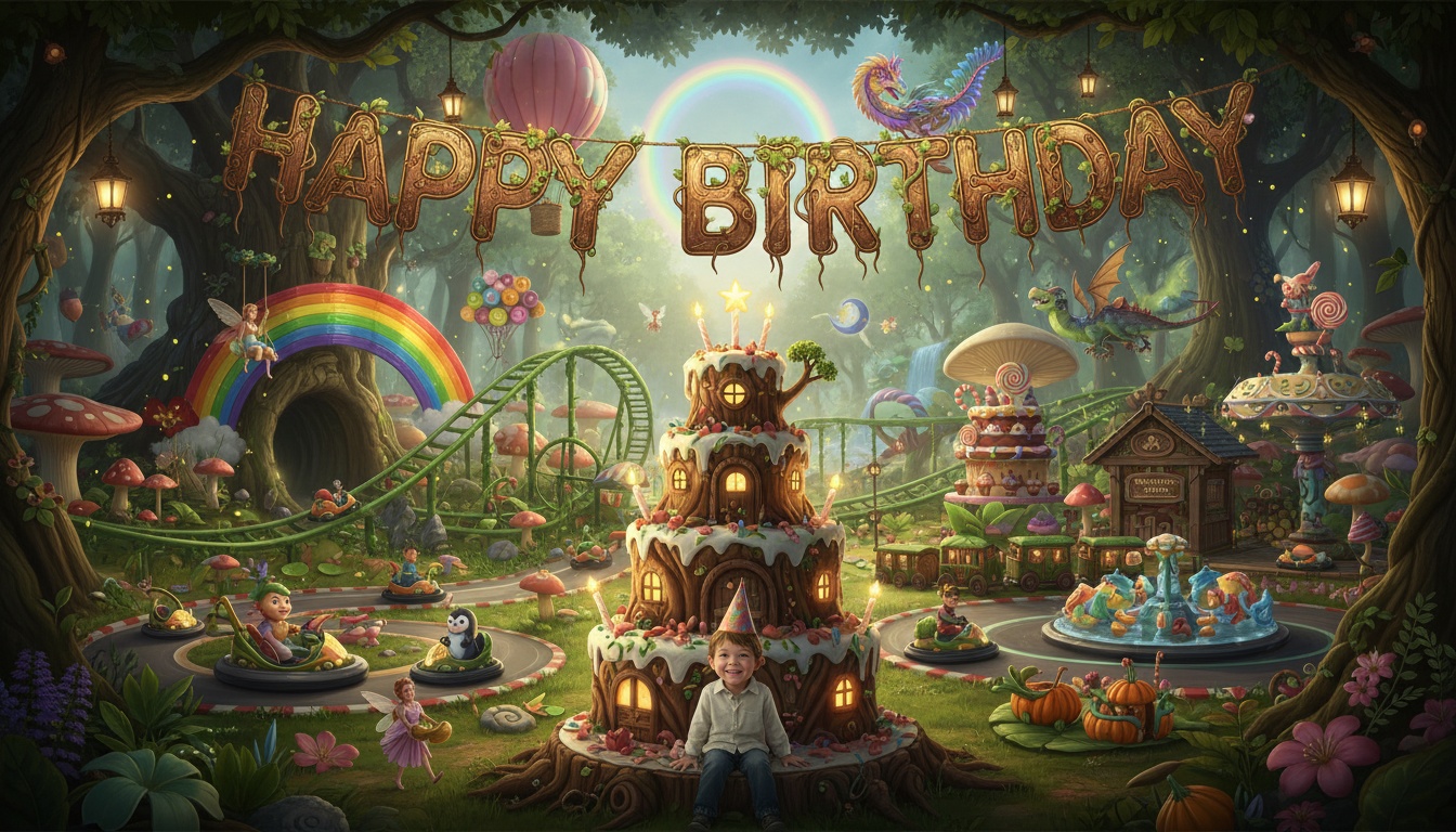 woodland kids party photo zone with go karts mushroom bumper cars trackless train and rainbow balloon arch entrance