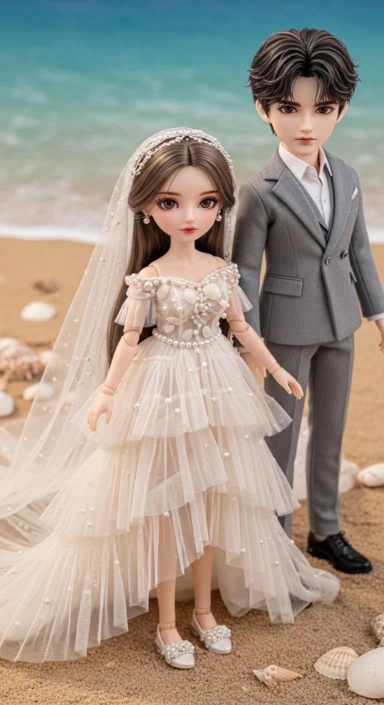 Full-body view of Cancer bride and groom dolls, moonlit ivory gown, layered tulle, pearl and shell accents, serene coastal backdrop