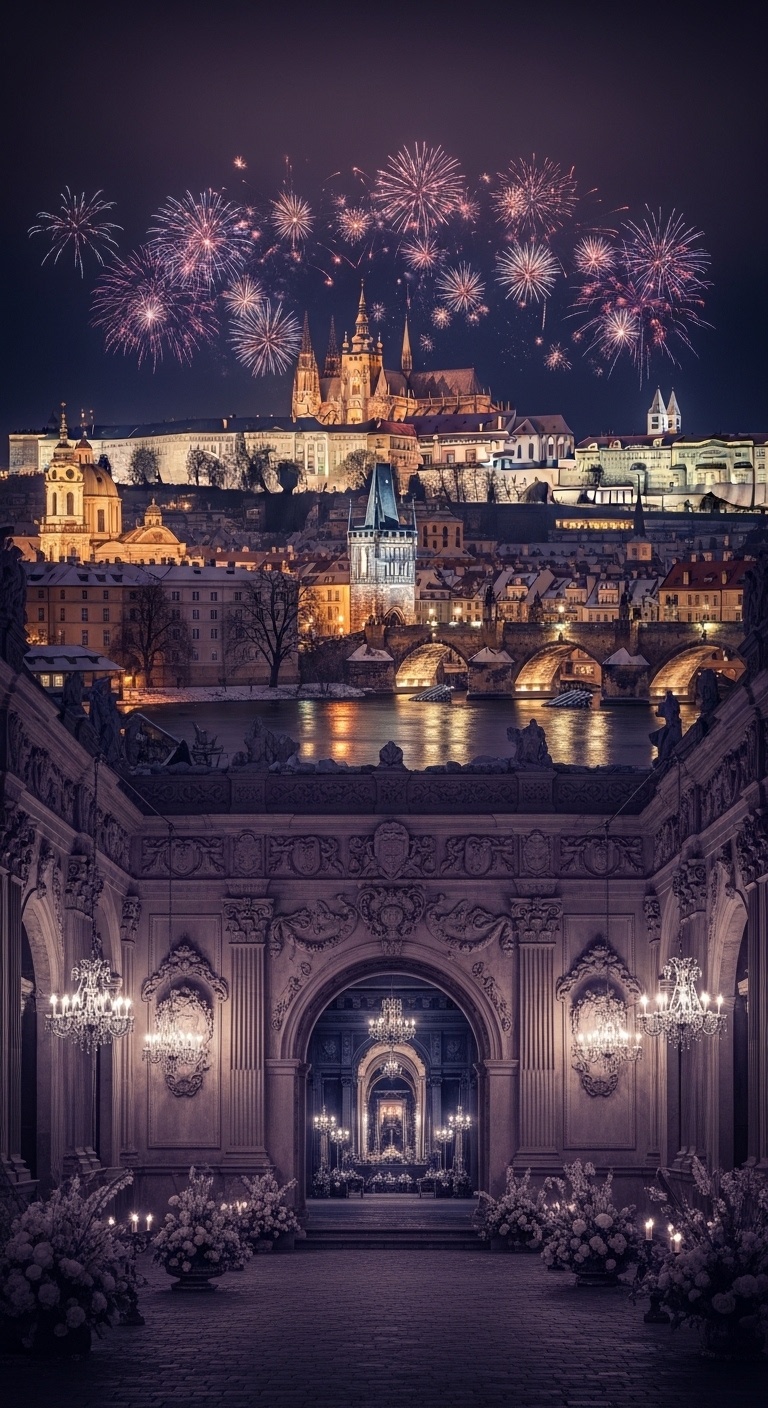 2027 New Year’s Day Wedding Inspiration Prague Castle & Firefly Backdrop Design for Timeless Photoshoots