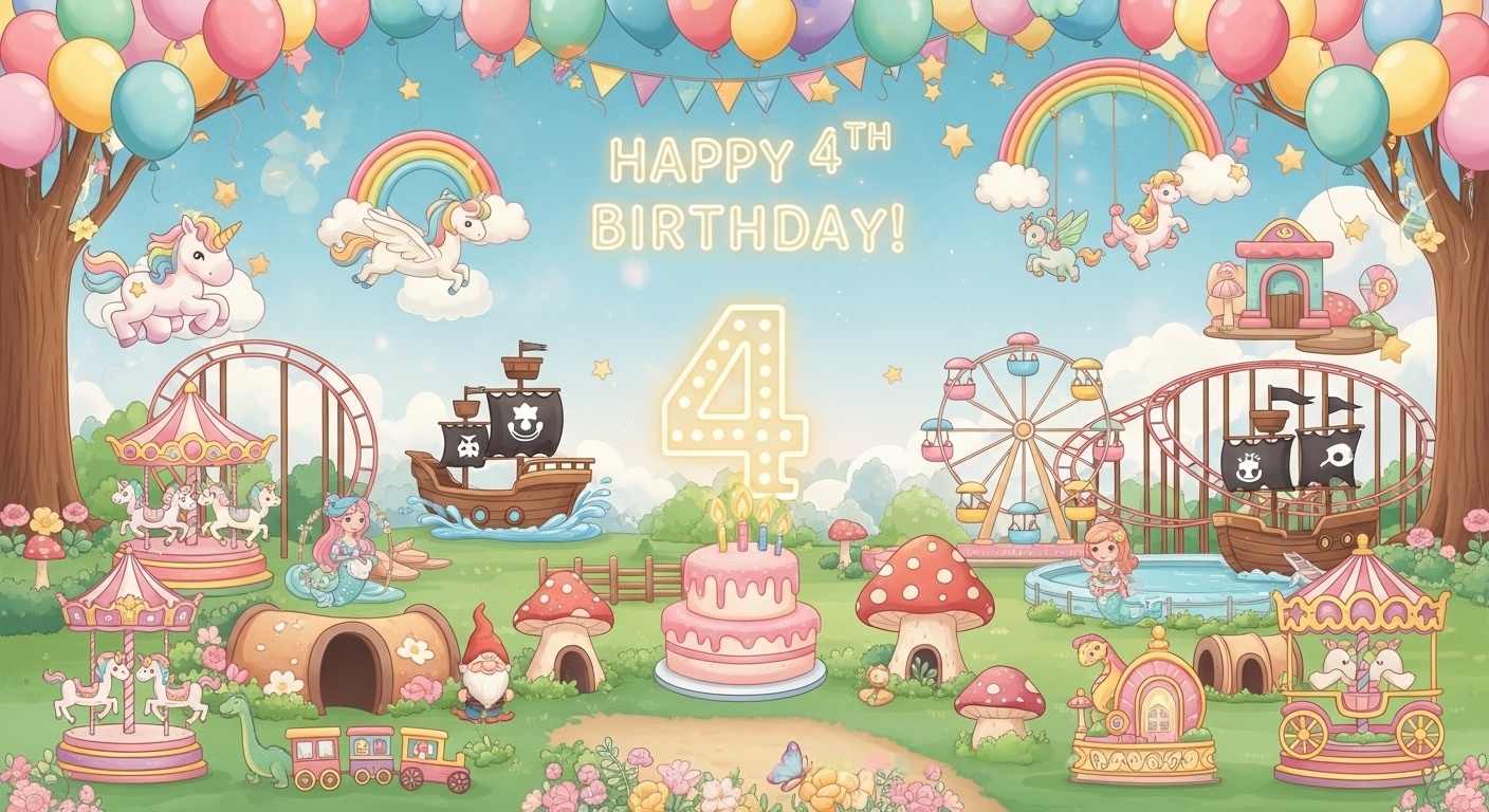 4th Birthday Enchanted Woodland Backdrop – Fantasy Creatures, Popular Rides & Home Party Photo Booth