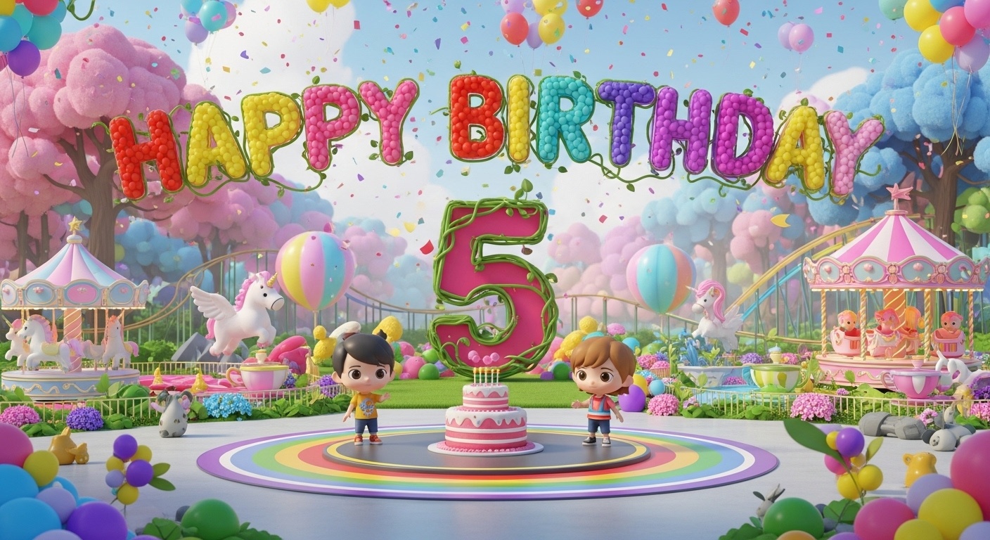 5th Birthday Fantasy Park Background – Unicorn Carousel, Birthday Cake & Woodland Photo Wall