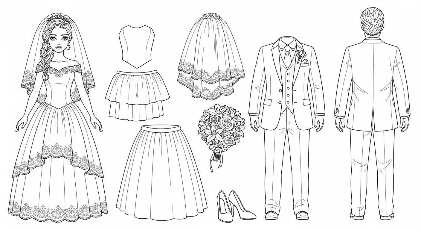 A Sagittarius bride doll with flowing layered gown and braided wavy hair, semi-transparent fabric catching the warm island sunlight Technical Blueprint