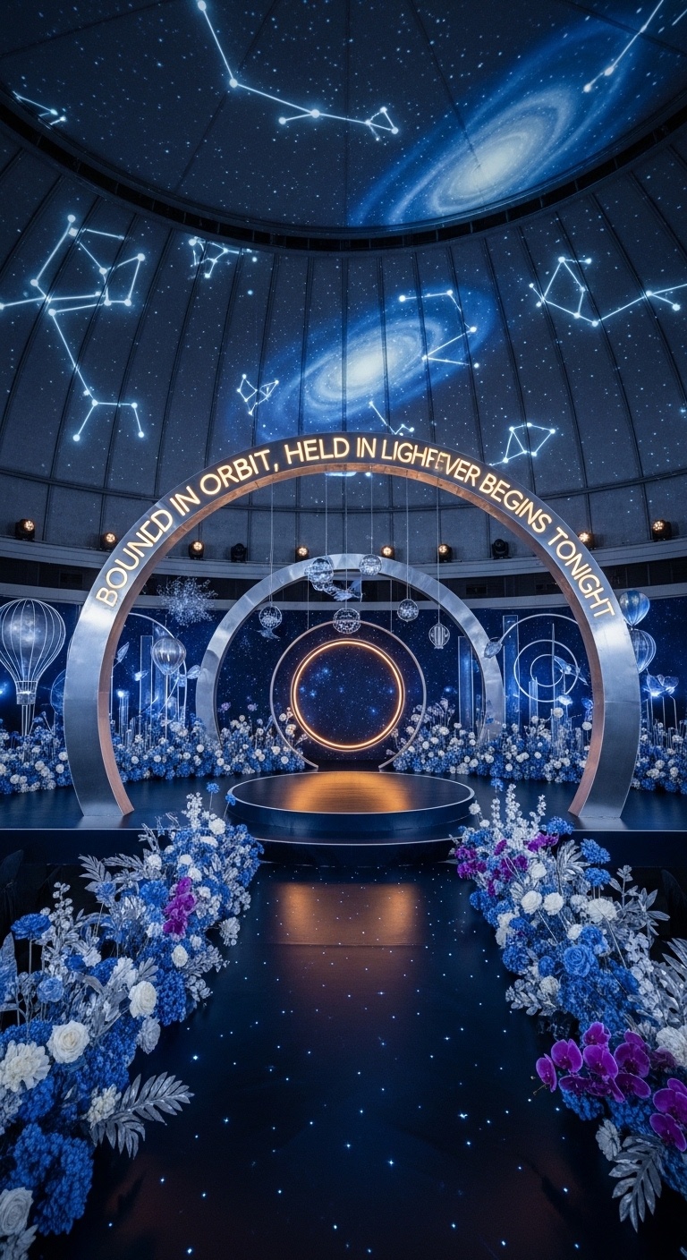 A celestial wedding backdrop with a massive star dome ceiling, floating astral ring, midnight navy aisle, and sculptural blue floral clusters creating a romantic night sky ceremony stage