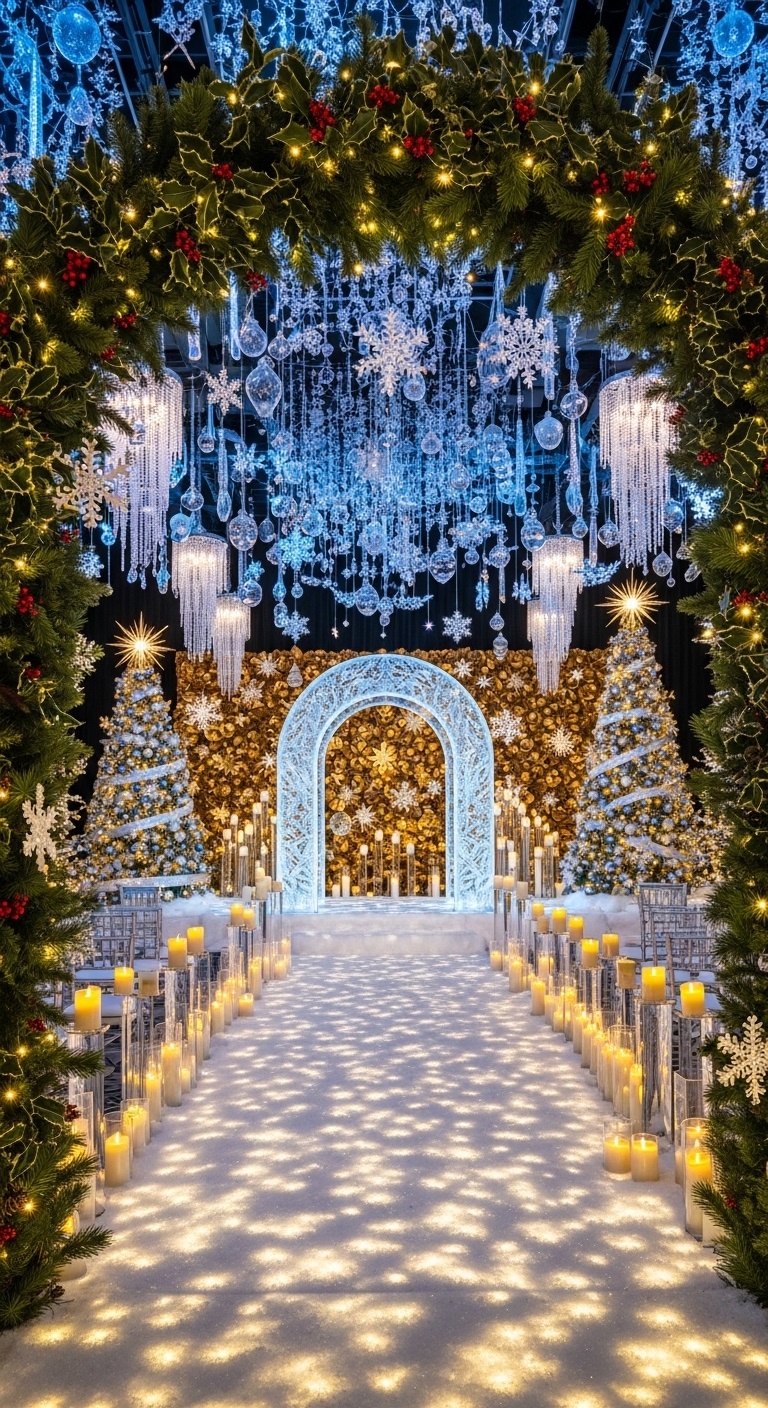 A glowing winter wedding scene with a pine and holly archway, illuminated snow aisle, and crystal frost arch creating a romantic Christmas wedding backdrop