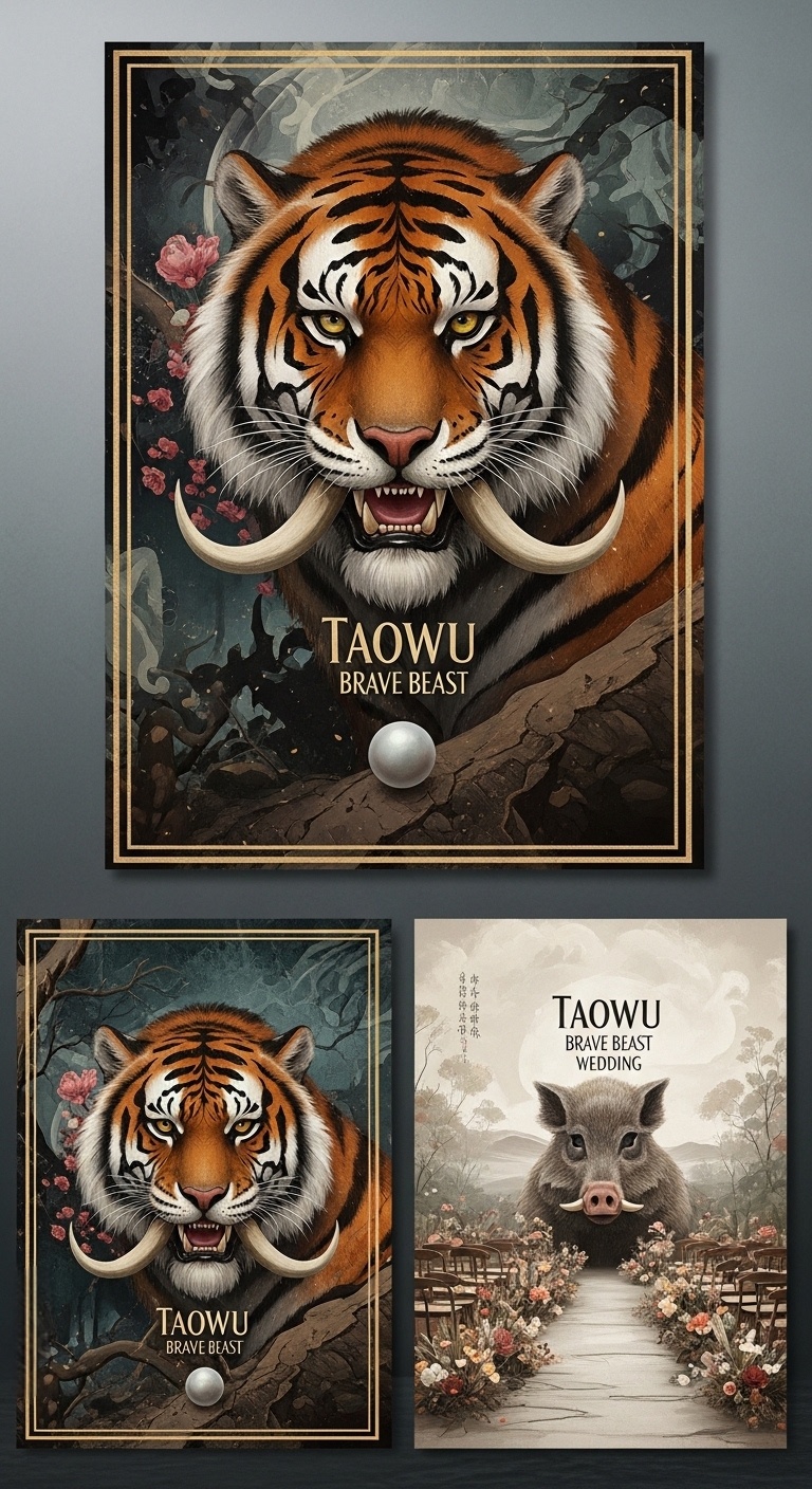 Designing Moody Wedding Pathways with Tiger-Body Human-Faced Taowu Art for Ceremony Inspiration