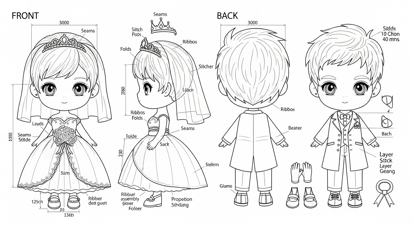 Aesthetic Libra-Inspired Wedding Doll Set Blueprint Technical