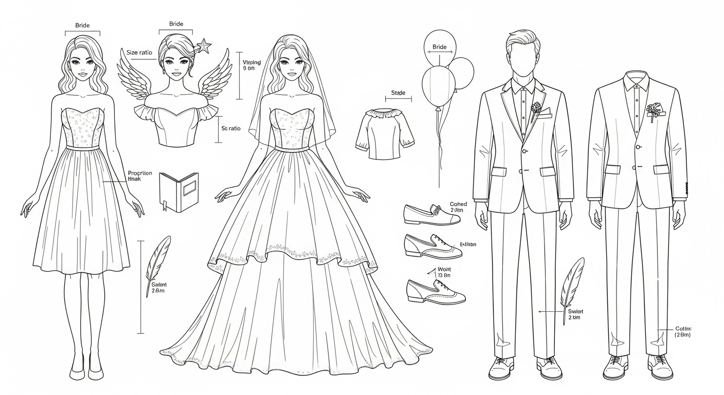 Graceful 3D Chibi bride and groom dolls stand softly beneath warm diffused light, the bride in a reversible double‑layered tulle skirt with subtle wing accents, the groom in a modern tailored suit with a tiny quill pin