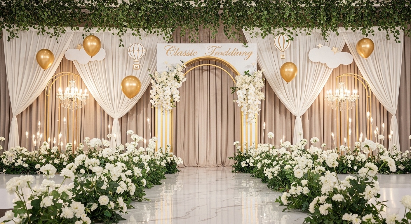 A grand champagne-gold wedding backdrop with cascading white orchids and ivy framing a gilded arch, crystal chandeliers glowing above, floating golden balloons, and subtle fairy lights creating a romantic traditional wedding inspiration scene for luxury ballroom photography