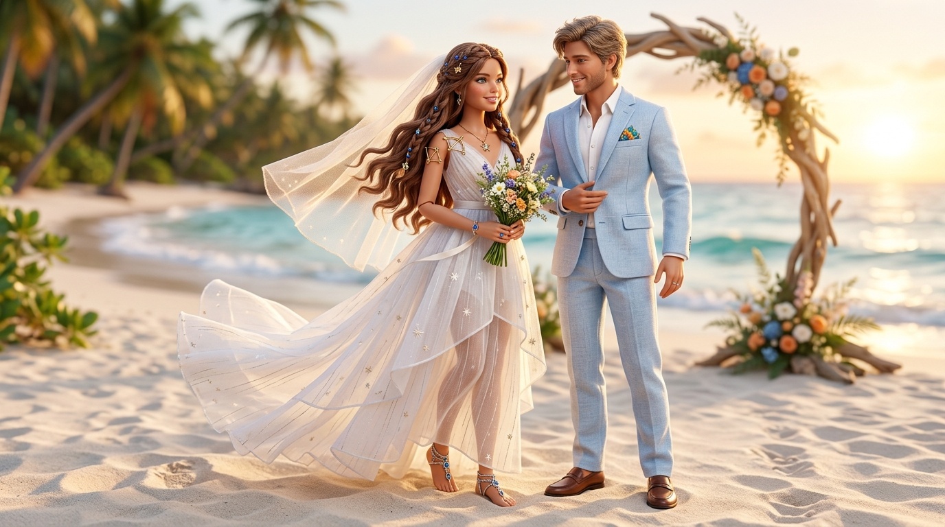 Artistic 3D Dolls Capturing Sagittarius Adventurous Spirit in Lightweight Spring Gowns and Tailored Suits for Destination Wedding Decor