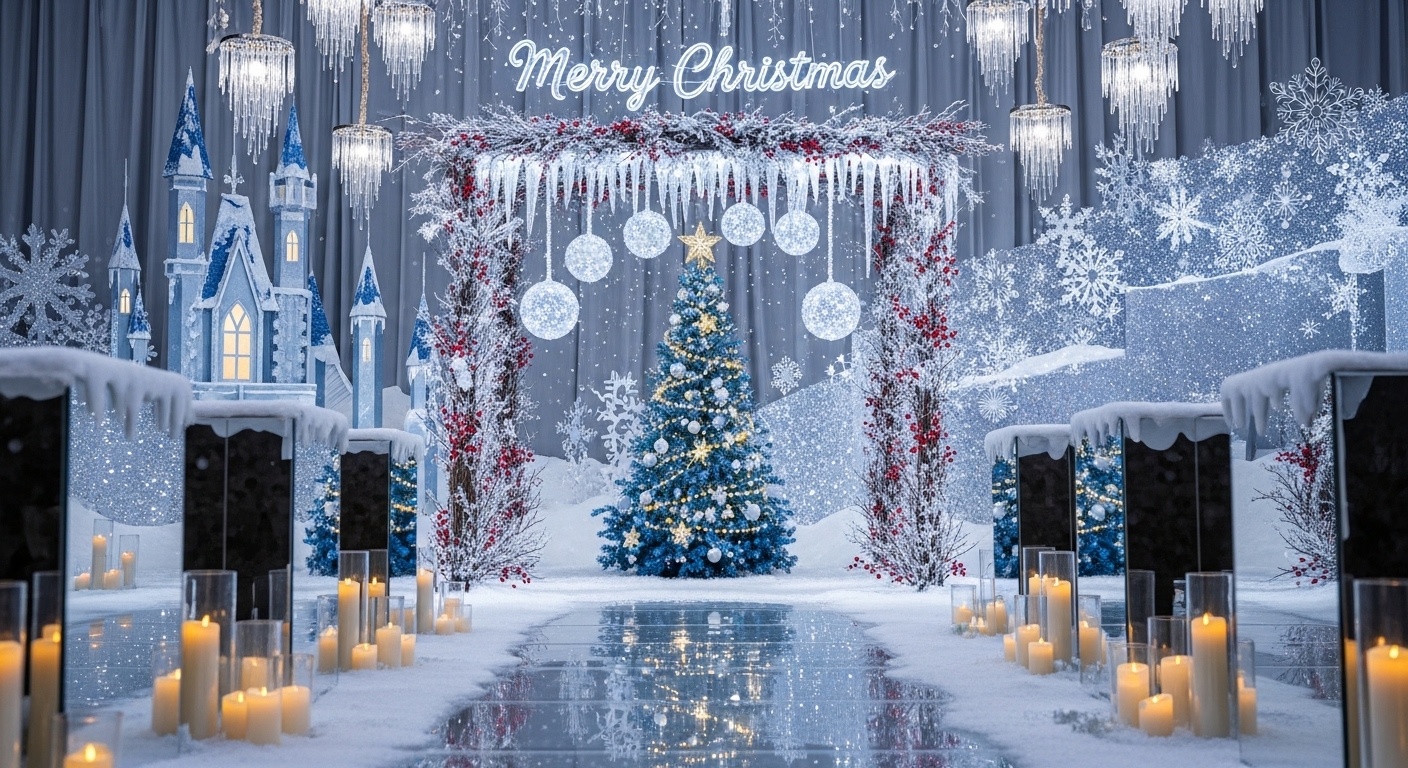 Aurora-glazed Christmas tree with gold snowflakes and mirrored reflection panels