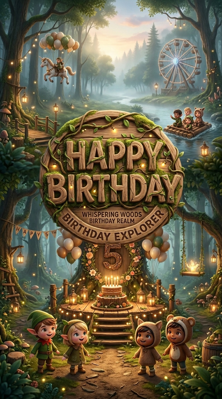 Low saturation forest light birthday backdrop with kids standing in first person view near birthday cake and Whispering Woods Birthday Realm wooden badge surrounded by fantasy amusement park rides for family celebration photography background
