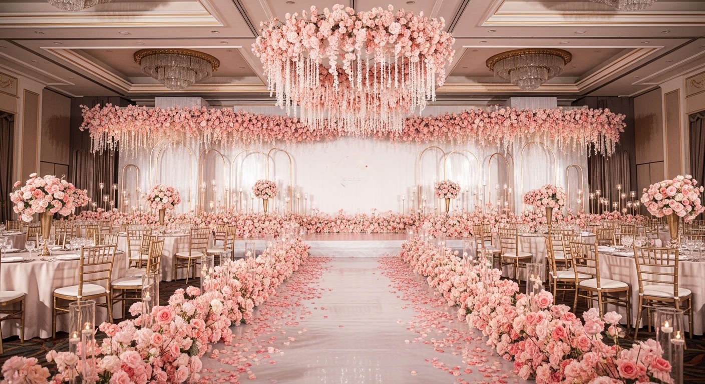 Blush rose palace arch with suspended floral halo under soft gold lighting, mirrored pink-gold floor reflecting petals, dreamy romantic wedding backdrop for engagement photos