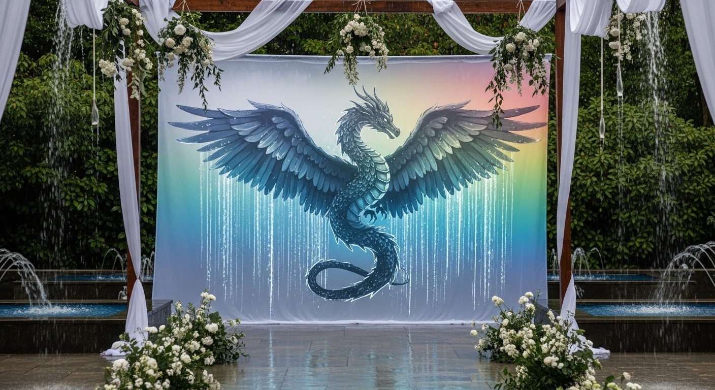 Bohemian Rainy Wedding Backdrop – Winged Dragon Garden Ceremony for Outdoor Wedding Inspiration
