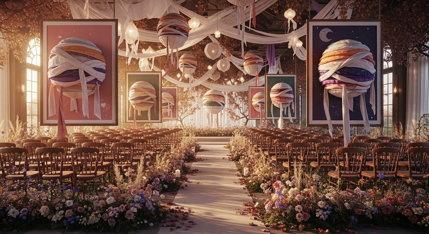 Bohemian Wedding Backdrop Featuring Hundun Orifice-less Sphere Poster in Contemporary Ceremony Space