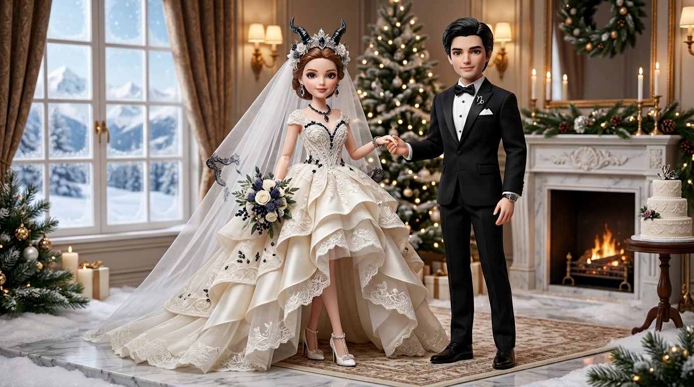 Bride doll standing in soft natural light, layered mountain-panel gown catching the glow, obsidian accents sparkling subtly